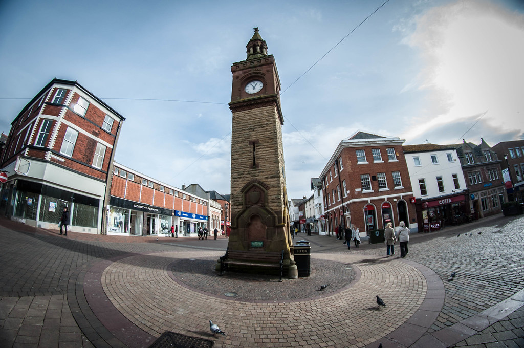 Ormskirk Clock Tower at the centre of the pedestrianised high street